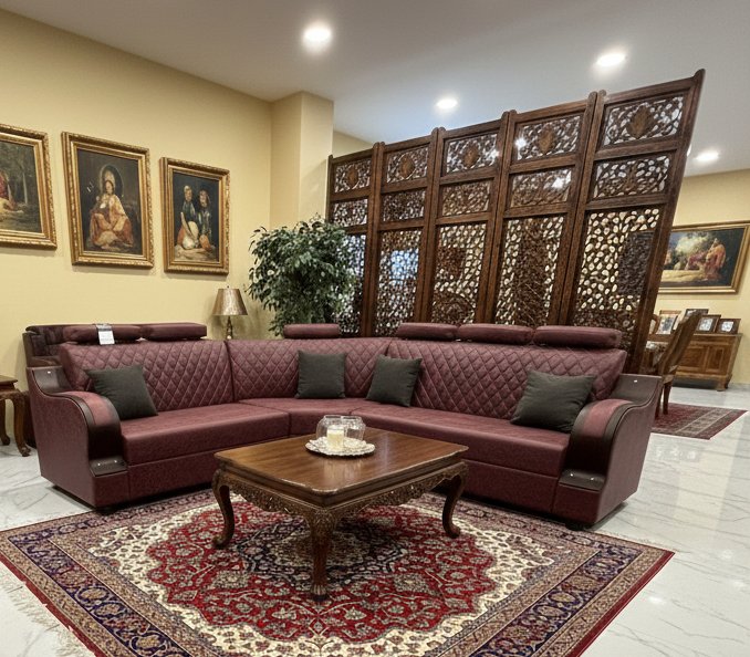 Luxury Maroon L-Shaped Sofa with Quilted Backrest & Adjustable Headrests